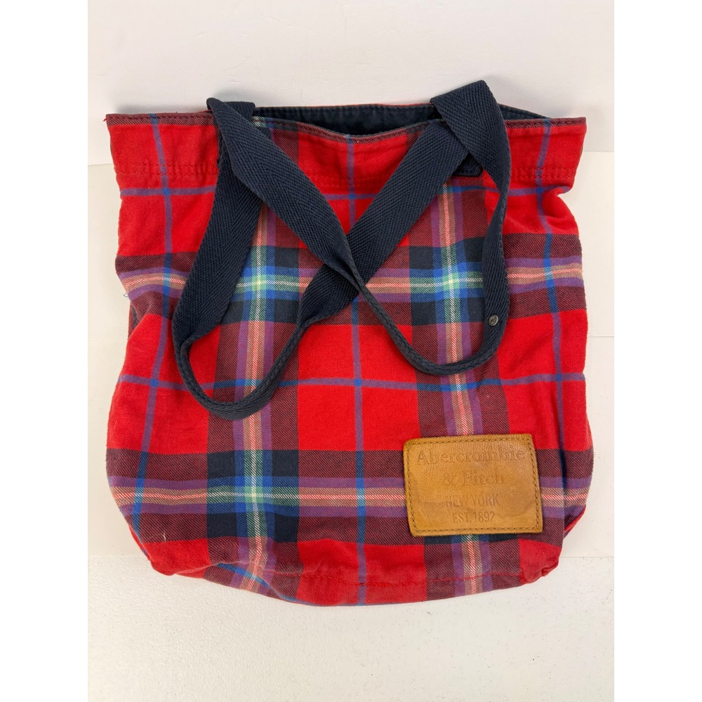 Y2K Abercrombie & Fitch Red Plaid Flannel Tote Bag Navy Straps Leather Logo